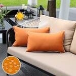 JOJOGOGO Burnt Orange Outdoor Lumbar Pillow Covers 12×20 Waterproof Set of 2, Orange Fall Outdoor Sunproof Pillows Porch Decor Pillows 12 x 20 for Patio Furniture and Couch (with White Piping)