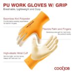 COOLJOB 12/60 Pairs Bulk Safety Work Gloves with Grip, 13 Gauge Ultra-lite PU Dipped Gloves Pack for Gardening, Warehouse Work, Polyurethane Breathable Lightweight Gloves for Men Women, Orange Large