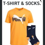 Puma Boys’ T-Shirt – 2 Piece Short Sleeve Graphic Tee and Athletic Crew Socks – Matching Shirt and Socks for Boys (S-XL), Size X-Large, Medium Orange