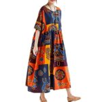 Versear Women Loose Casual Cotton Linen Dress Floral Boho Maxi Dress Contrast House Robes Half Sleeves Plus Size Orange