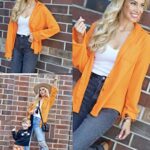 HOTOUCH Womens Waffle Knit Shacket Boyfriend Shirt Jacket Button Down Blouse Loose Fit Long Sleeve Tops Orange