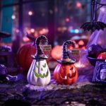 Valery Madelyn Cute Halloween Pumpkin Decorations with Lights, Set of 2 Resin Halloween Resin Figurines White and Orange Statues with Witch Hat for Indoor Outdoor Home Table Party Decor, 6.3 Inch Tall