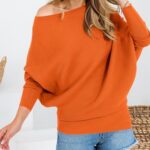 Zenlonr Women’s Fall Sweaters 2024 Casual Long Batwing Sleeve Loose Off Shoulder Knit Pullovers Jumper Tops(Solid Bright Orange,Large)