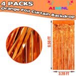 4 Pack 3.3Ft x 6.6Ft Orange Foil Fringe Curtain Backdrop, Metallic Tinsel Foil Fringe Streamers Curtains Background for Photo Booth, Birthday, Wedding, Halloween, Christmas Party Decoration