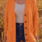 PRETTYGARDEN Chunky Knit Open Front Cardigan Sweaters for Women 2023 Long Sleeve Button Loose Long Cardigan Outerwear Coat(Bright Orange, X-Large)