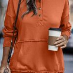 SHEWIN Sweatshirt For Women Loose Fit Casual Button V Neck Solid Lightweight Pullover Sweatshirts Long Sleeve Fall Tops with Pocket,US 8-10(M),Orange