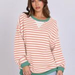 ANRABESS Women Striped Oversized Sweatshirt Long Sleeve Crewneck Shirts 2024 Fall Fashion Pullover Sweater Trendy Clothes Orange White XX-Large