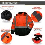 DPSAFETY safety jacket for men, Reflective high Visibility Hooded jacket, Hi-Vis Bomber Jacket with Pockets and Zipper, waterproof, Black Bottom, ANSI/ISEA 107-2020 Type R Class 3, Orange