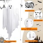 Halloween Light up Hanging Ghost Decor with Spooky Voice Blue Light, 47″White Hanging Ghost, Purple Light Bat Sticker Halloween Hanging Decorations for Front Yard Patio Lawn Party Decor Outdoor Indoor