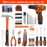 COMOWARE Home Tool Kit with Drill, 195PCS Household Tool kit with 12V Cordless Power Drill, Power Drill Sets Home Repairing Tool Sets with Storage Case for DIY Maintenance, Orange