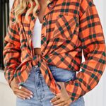 CHYRII Womens Button Down Flannel Shirts Long Sleeve Plaid Shacket Business Casual Blouse Topss Orange-7123 M