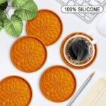 ME.FAN Silicone Coasters [6 Pack] Coasters with Holder – Drinking Coasters – Cup Mat for Drinks – Live for Hot or Cold Drink Thickened, Non-Slip, Non-Stick, Deep Tray Orange