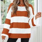 ZESICA Women’s Fall Long Sleeve Crew Neck Striped Color Block Comfy Loose Oversized Knitted Pullover Sweater,Orange,Large