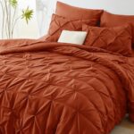 CozyLux Burnt Orange Comforter Set King 7 Pieces Bed in a Bag Terracotta Comforter Pintuck Design Fall Comforter Set King Pinch Pleated Fall Bedding King Complete Set with Sheets,Pillowcases&Shams