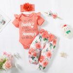 SUNNY PIGGY 3-6 Month Baby Girl Clothes Infant Newborn Outfit Cute Romper Floral Pant Sets Spring Summer Baby Girls’ Clothing Headband Orange