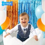 LOLStar Blue Dog Party Decorations – 2 Packs of 3.3×6.6 ft Orange and Light Blue Foil Fringe Curtains for Birthday Party Supplies, Blue Foil Tinsel Photo Booth Prop Backdrop